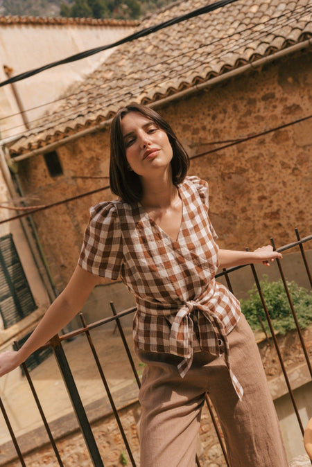 Elisa linen wrap top in Mocha Gingham