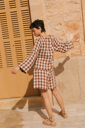 Adele linen wrap top in Mocha Gingham