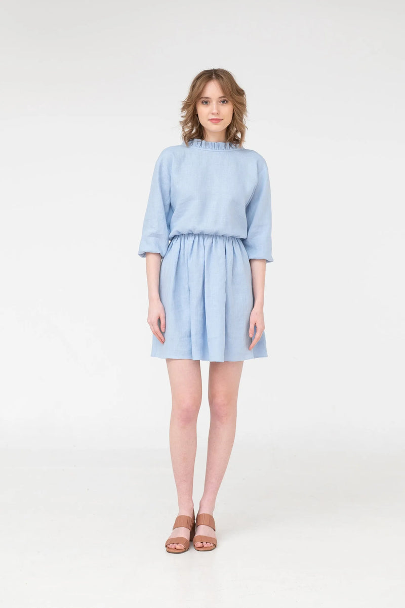 Daisy – ruffled open back linen mini dress