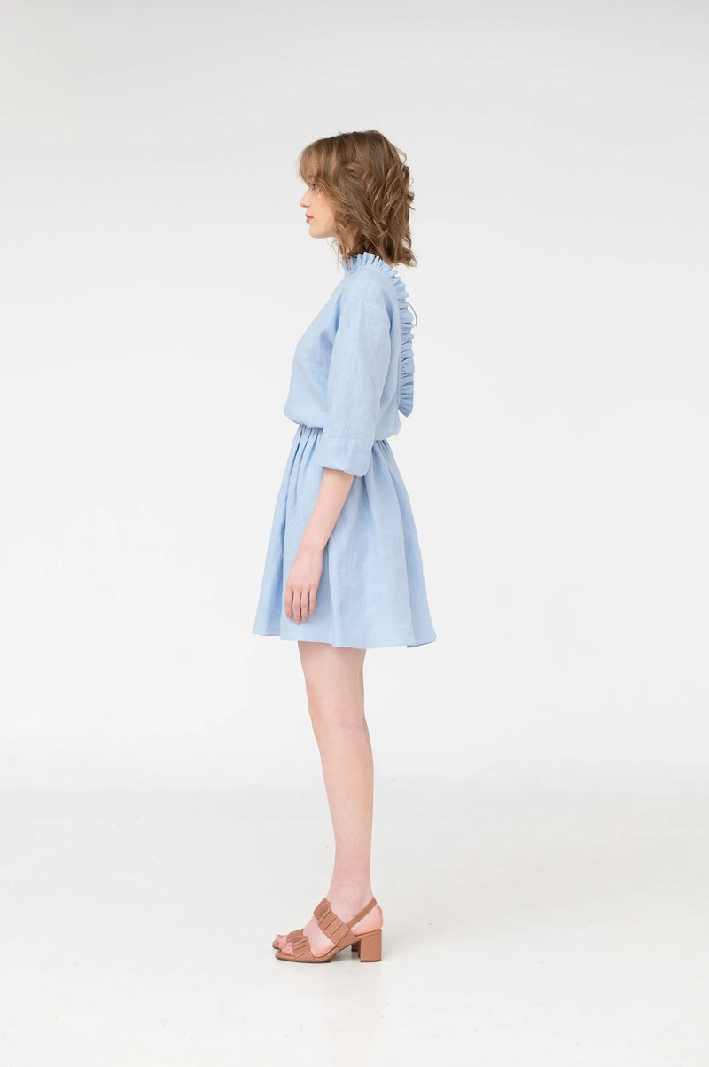 Daisy – ruffled open back linen mini dress