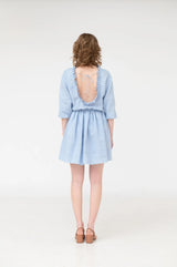 Daisy – ruffled open back linen mini dress