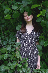 Flutter-sleeve Midi Wrap Dress - Black Botanical