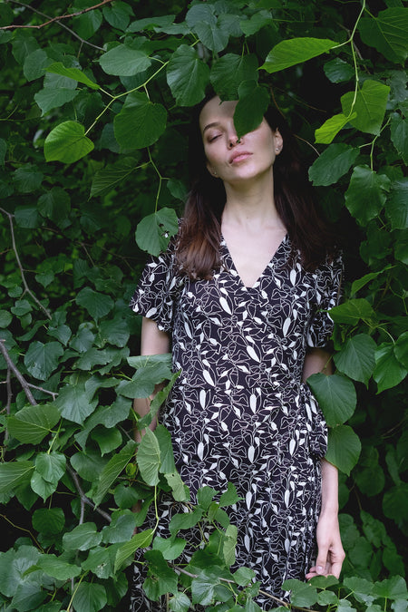 Flutter-sleeve Midi Wrap Dress - Black Botanical
