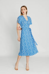 Flutter-sleeve Midi Wrap Dress - Blue Botanical