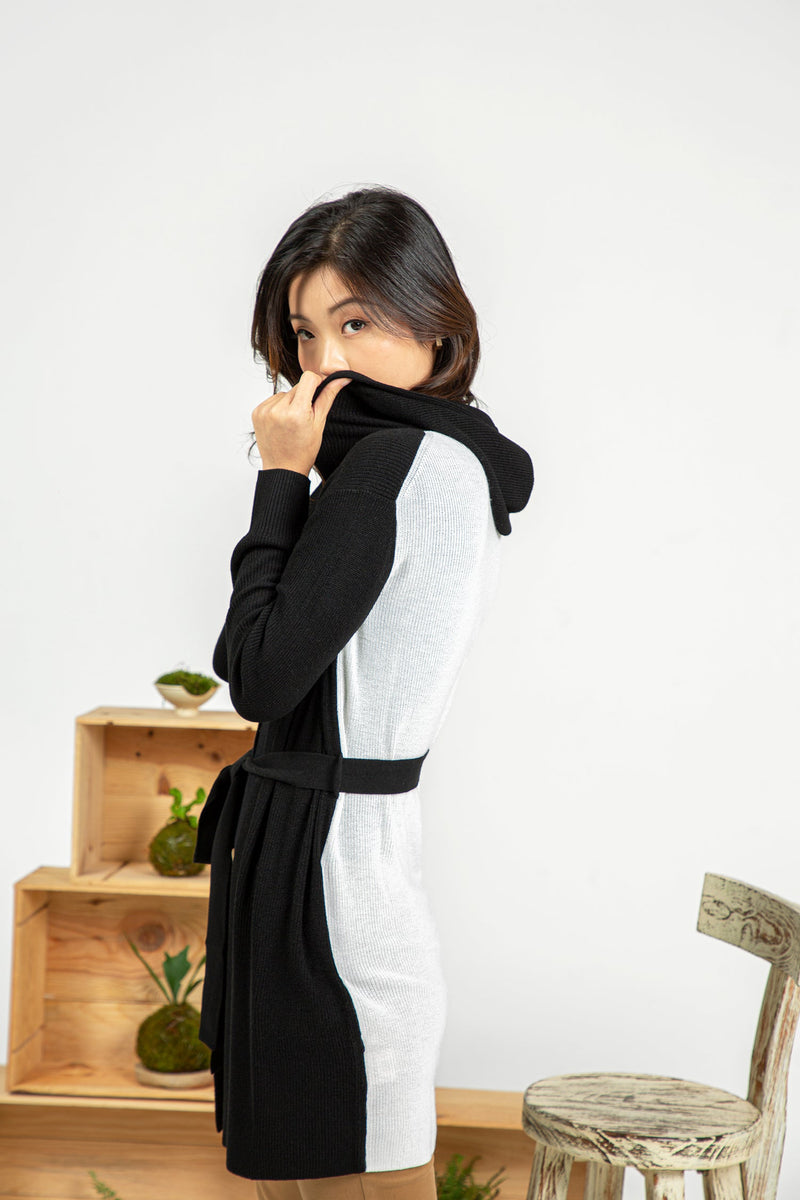 Hooded Wrap Cardigan - Black & White