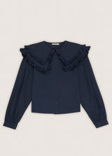 The oversized collar women's blouse is a statement, organic cotton women's blouse is in a stunning dark blue colour with a large collar for treny women online.
