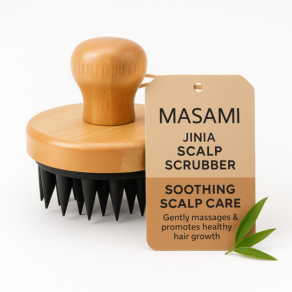 Wooden scalp scrubber with black bristles and a 'MASAMI' tag on a white background