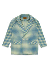 Summer blazer for kids in checkered green and blue colour, this lightweight summer blazer with pockets and a free-fitted fitted. Mini me fashion available.