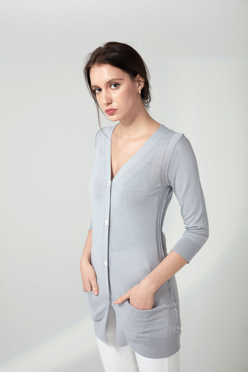 Long V-neck Cardigan - Grey Pearl