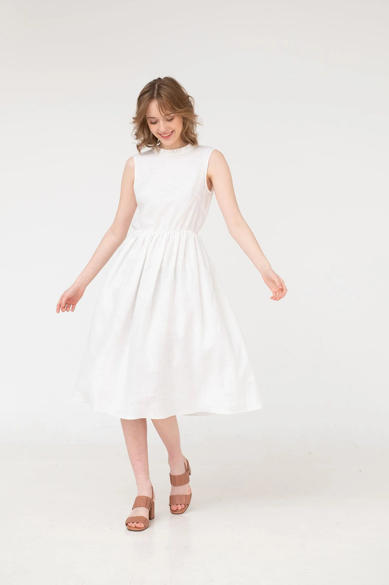 Mabel – Ruffled Open Back Linen Midi Dress