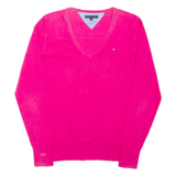 TOMMY HILFIGER Womens Jumper Pink V-Neck Tight Knit M