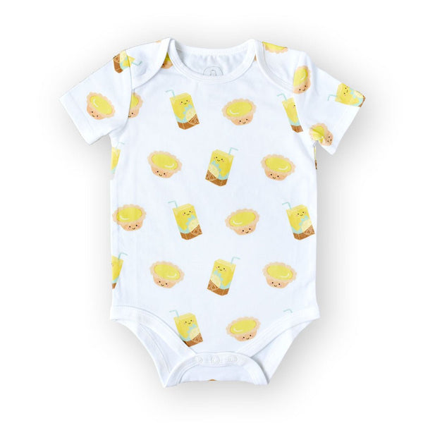 the wee bean organic cotton baby onesie bodysuit in vita lemon tea and egg tart