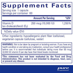 PURE Vitamin D3 250 mcg (10,000 IU) 60's