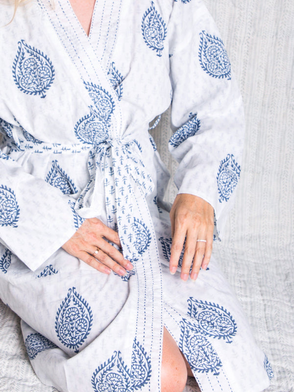 Block Printed Reversible Blue Robe - Fort