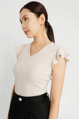 Ruffle Sleeve Ribbed Tee - Biscuit