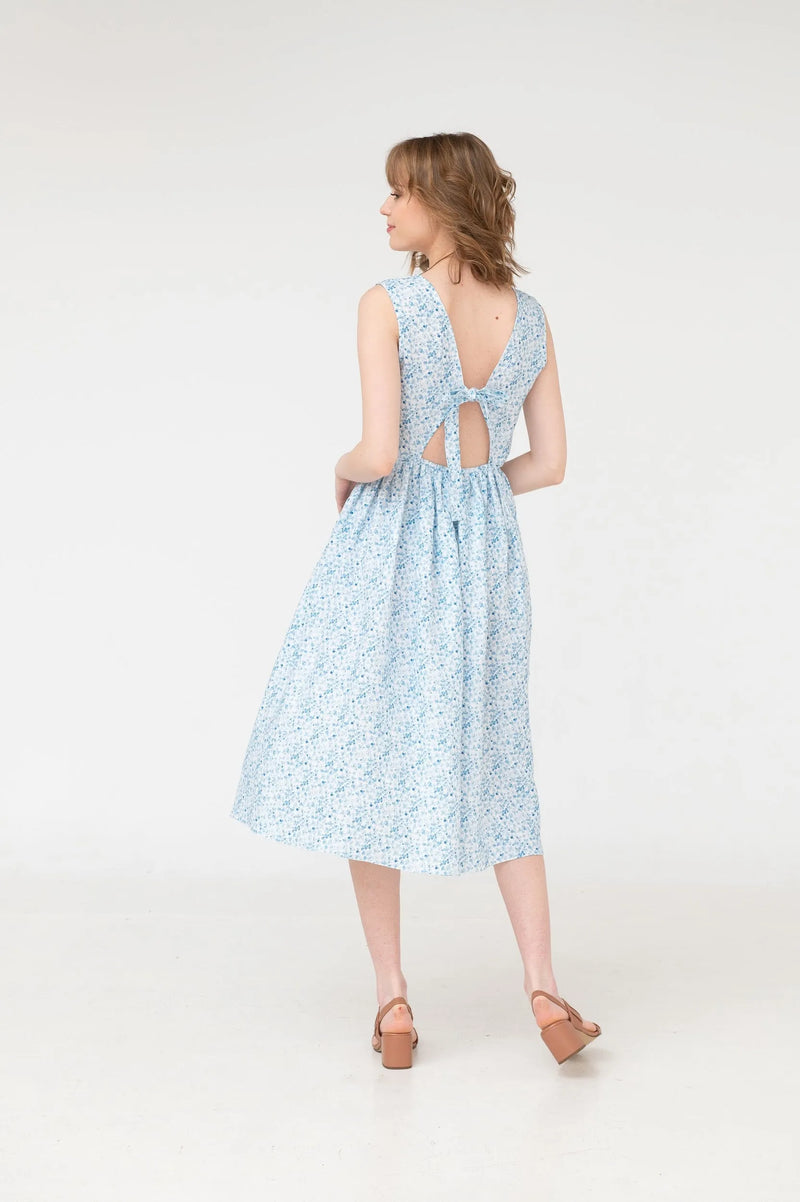 Stella – bow tie open back linen midi dress