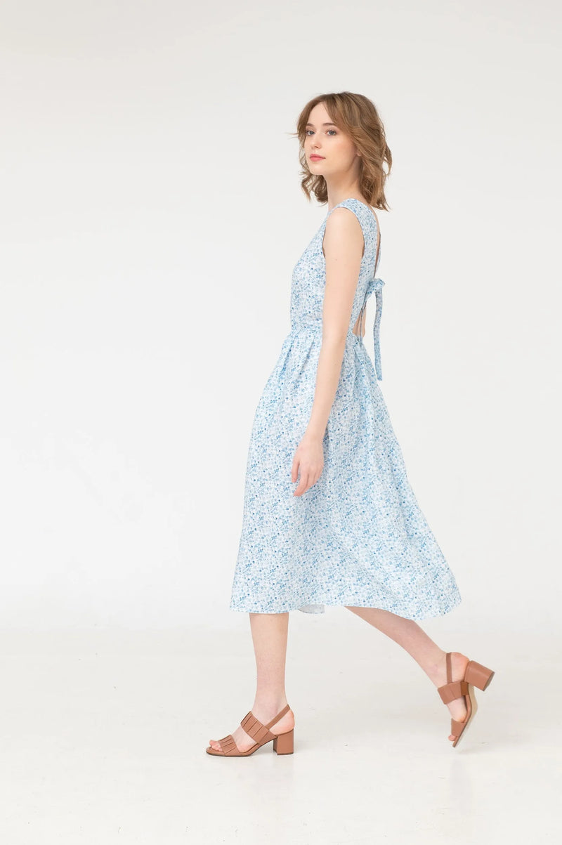 Stella – bow tie open back linen midi dress