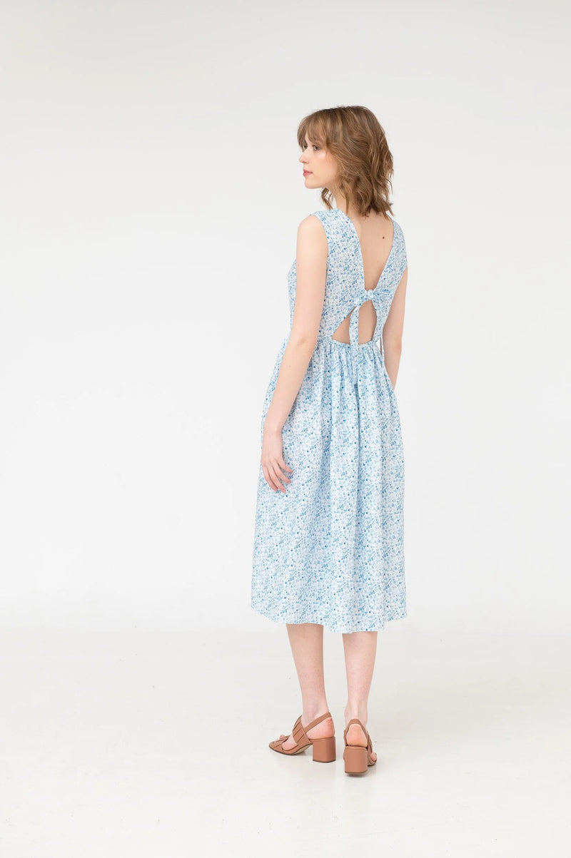 Stella – bow tie open back linen midi dress