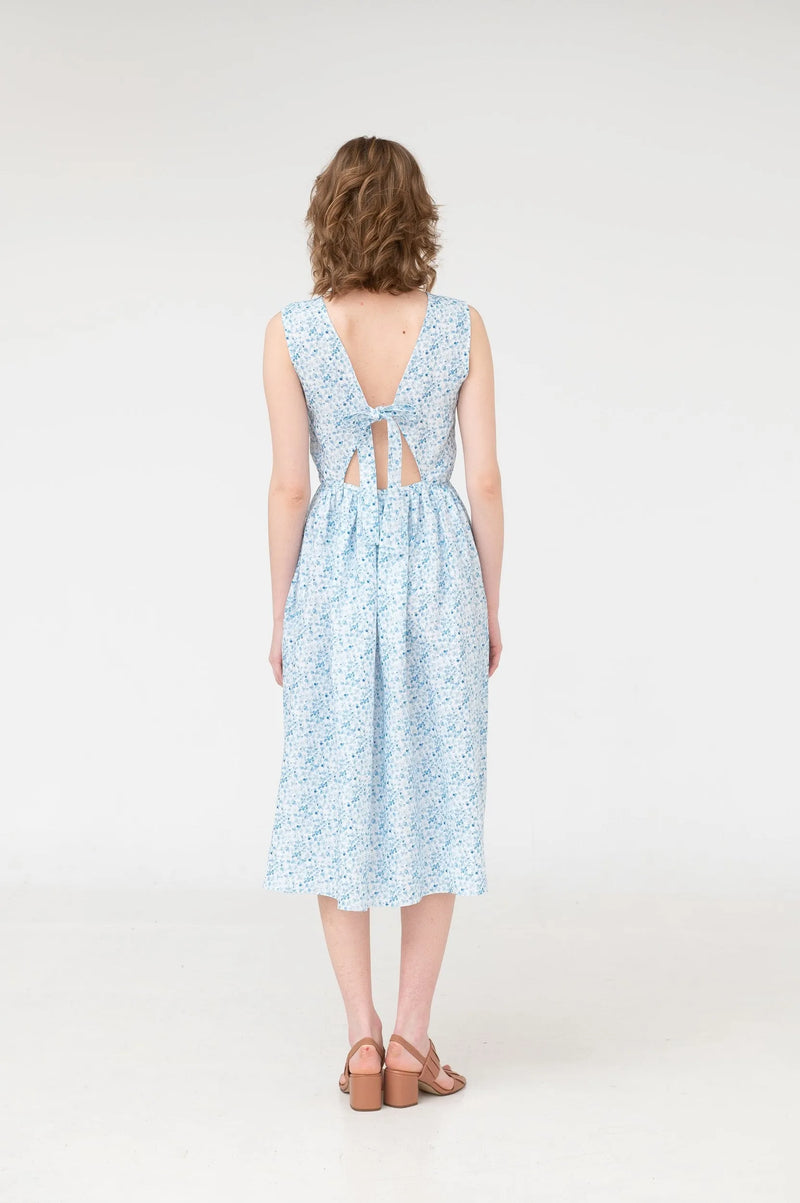 Stella – bow tie open back linen midi dress