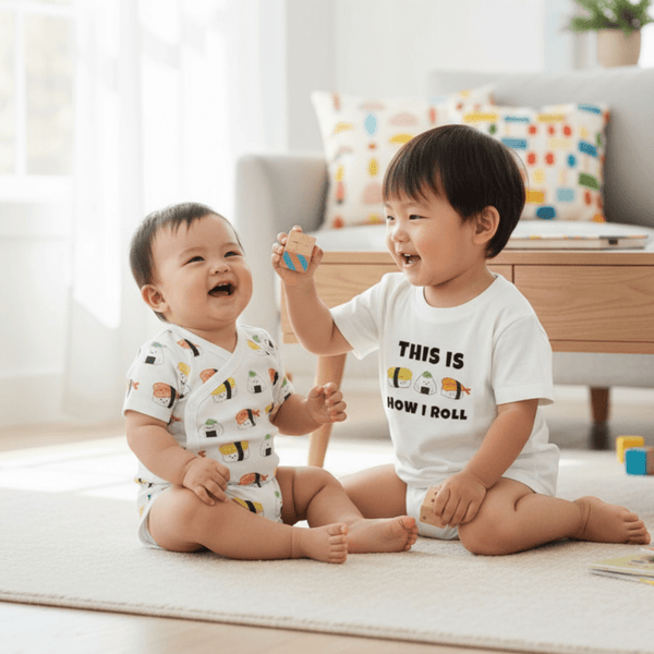 Two children sitting on a rug in a living room, laughing and playing wearing sushi clothing