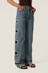 Tressé Women’s Pina Wide-Leg Jeans 100% Cotton Denim with Braided Trim - Bleu