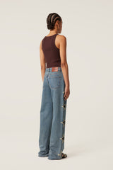 Tressé Women’s Pina Wide-Leg Jeans 100% Cotton Denim with Braided Trim - Bleu