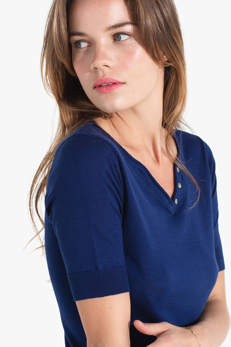 V Button-neck Top - Marine