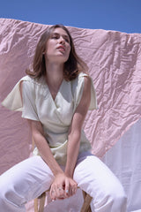 Flutter-sleeve Wrap Blouse - Lemon Mint