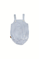 Extra light and breathable baby romper features blue and white stripes. Crafted from organic cotton, it has adjustable straps to ensure a longer fit. 