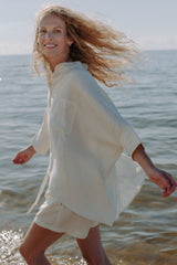 High quality women oversized linen shirt in off white, this oversized shirt is made from breathable linen fabric. Get linen shorts for women linen set.