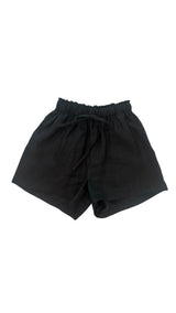 Black linen shorts with a loose fit, drawstring elastic waist, and side pockets are made with high quality linen, match these shorts for black linen set online.