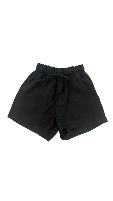 Black linen shorts with a loose fit, drawstring elastic waist, and side pockets are made with high quality linen, match these shorts for black linen set online.