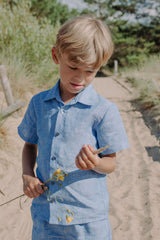Blue breathable linen shirt for boys, made with high quality deadstock linen fabrics, match it wiht shorts for boys linen set. Mommy and son matching shirts.