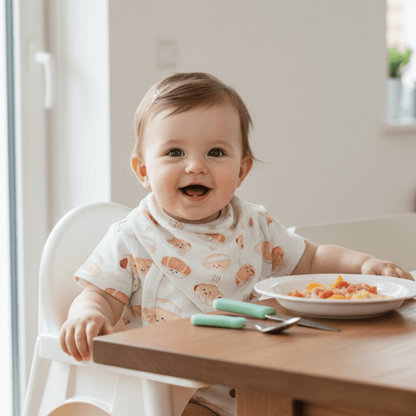 Baby sitting at a table with a plate of food, smiling wearing a bakery buns onesie and bib