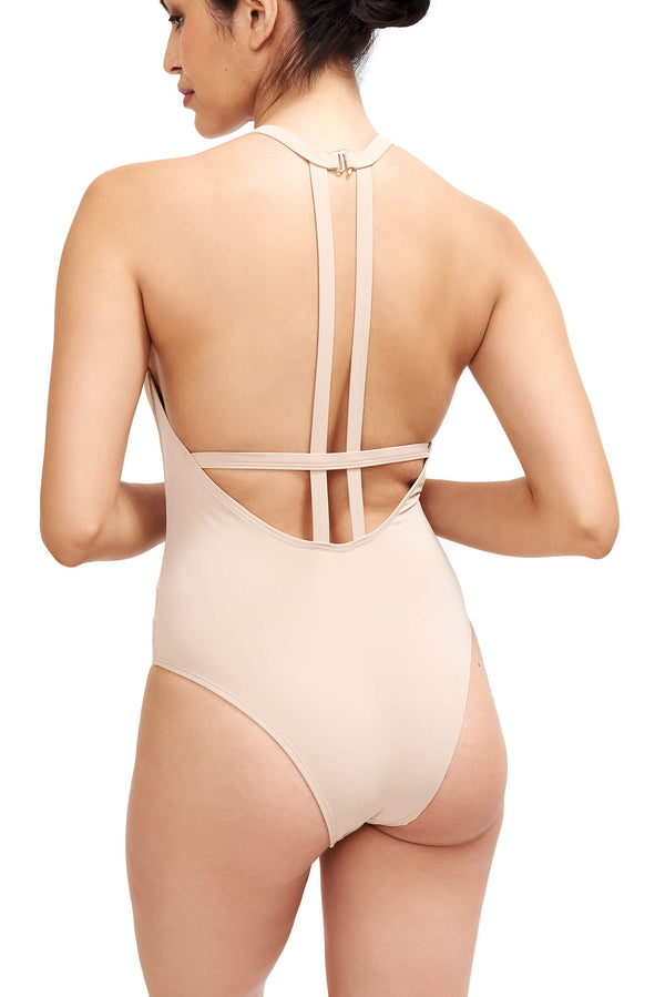 Denise - High Neck One Piece Swimsuit in Camel