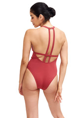 Denise - High Neck One Piece Swimsuit in Terracota Red