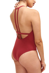 Denise - High Neck One Piece Swimsuit in Terracota Red