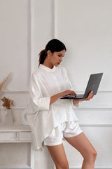 High quality women oversized linen shirt in off white, this oversized shirt is made from breathable linen fabric. Get linen shorts for women linen set.