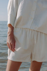 The women linen shorts are designed for comfort, easy to style, match it for women linen set in off white colour. High quality deadstock fashion for women.