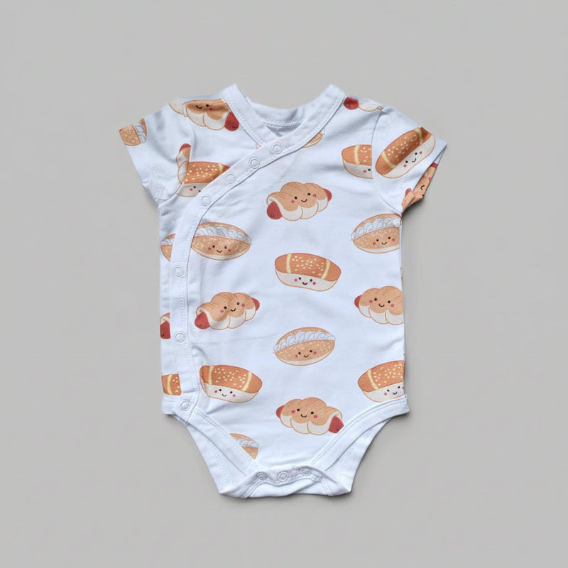 the wee bean organic cotton onesie clothing romper in bakery buns sausage bun cocktail bun coconut cream bun newborn kimono style