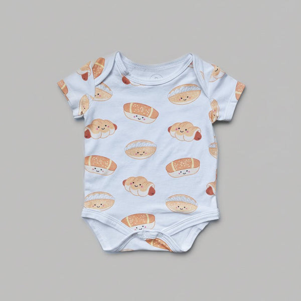 the wee bean organic cotton onesie clothing romper in bakery buns sausage bun cocktail bun coconut cream bun