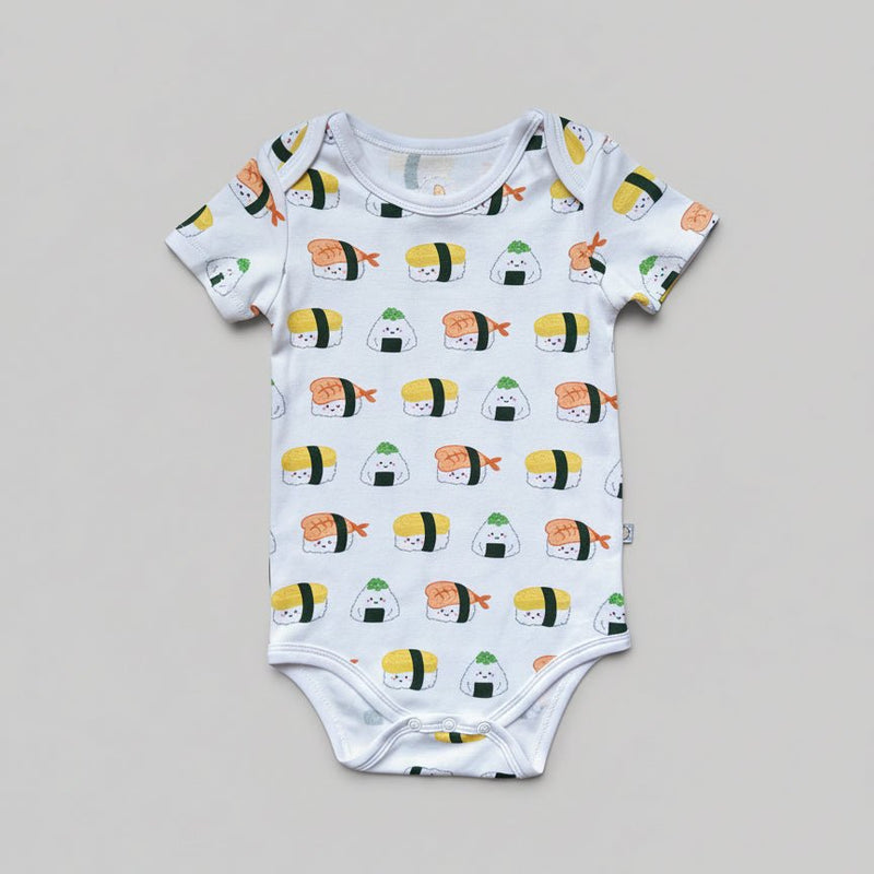 the wee bean organic cotton onesie clothing romper in sushi nigiri ebi shrimp tamago and onigiri
