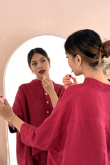 Shop women oversized linen shirt in Garnet red colour, this breathable linen shirt with linen shirts make the best women linen set in red colour.