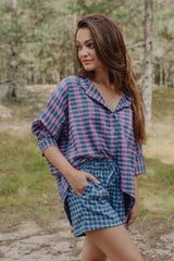 The blue checked shorts are loose-fitted with a drawstring to adjust. Match it with women oversized shirt for the full look! Mommy and Me fashion is available.