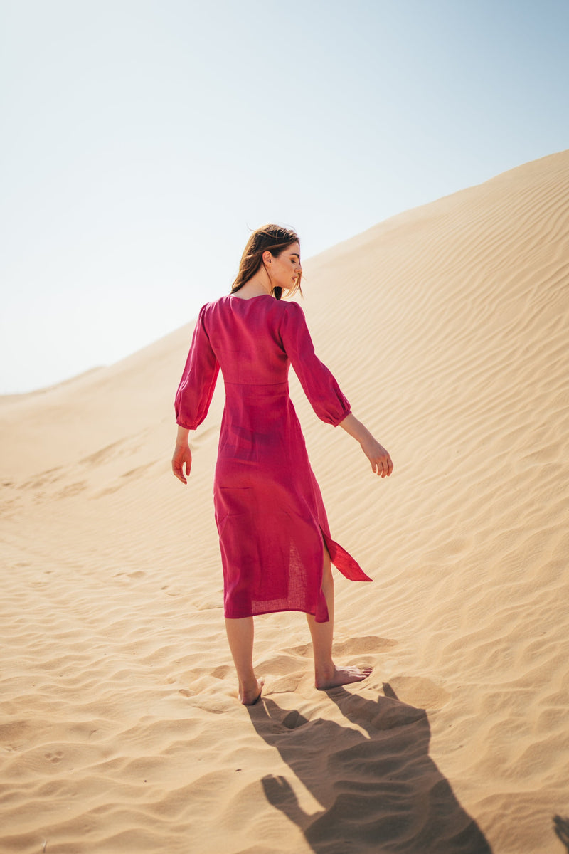 Pink linen midi dress for women.