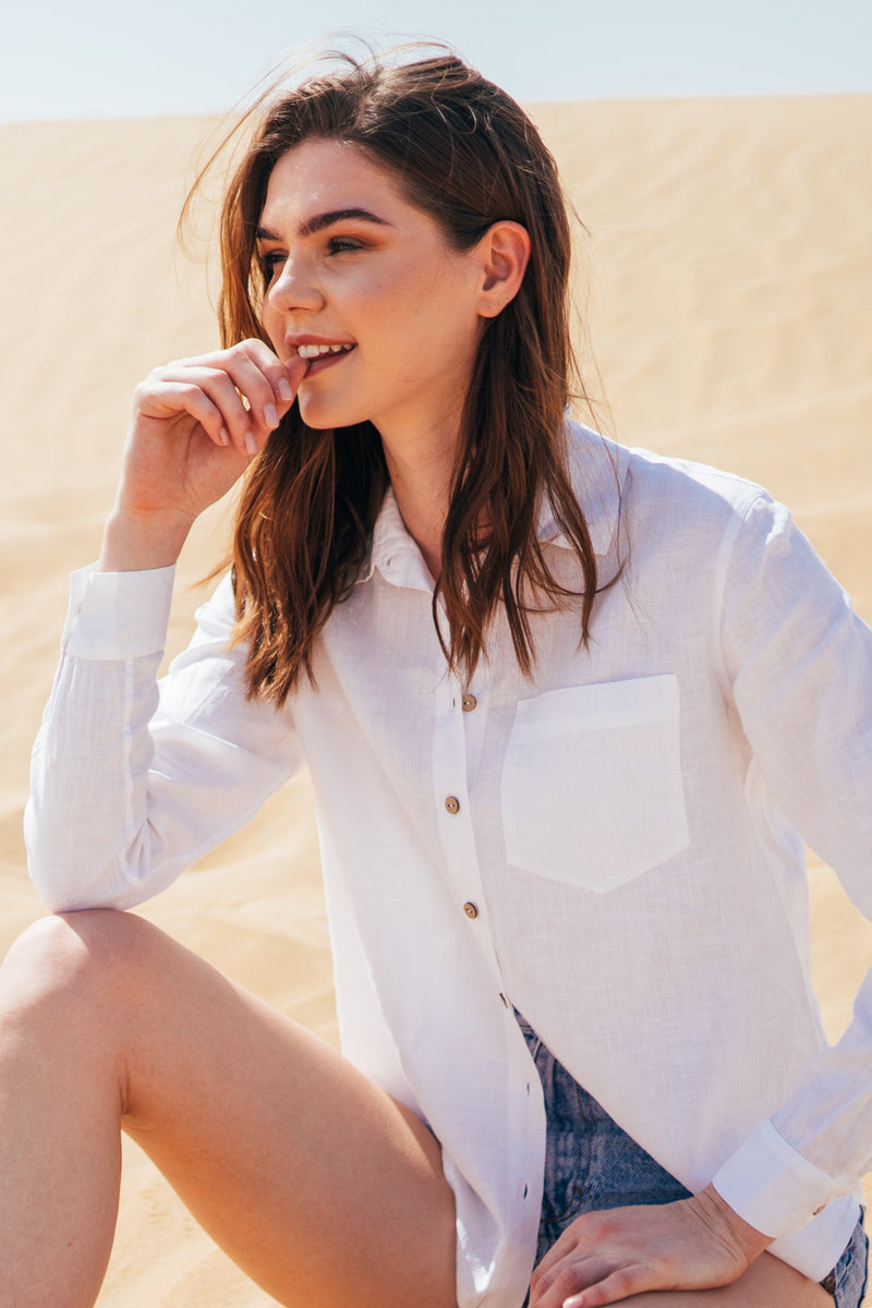 White relaxed linen shirt for women by Anse Linen.