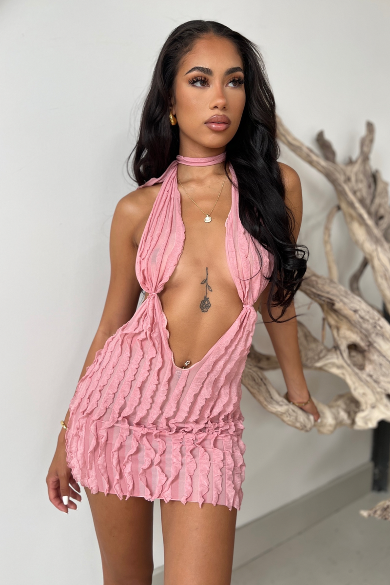 Bali Bliss Plunge Halter Mini Dress - Baby Pink