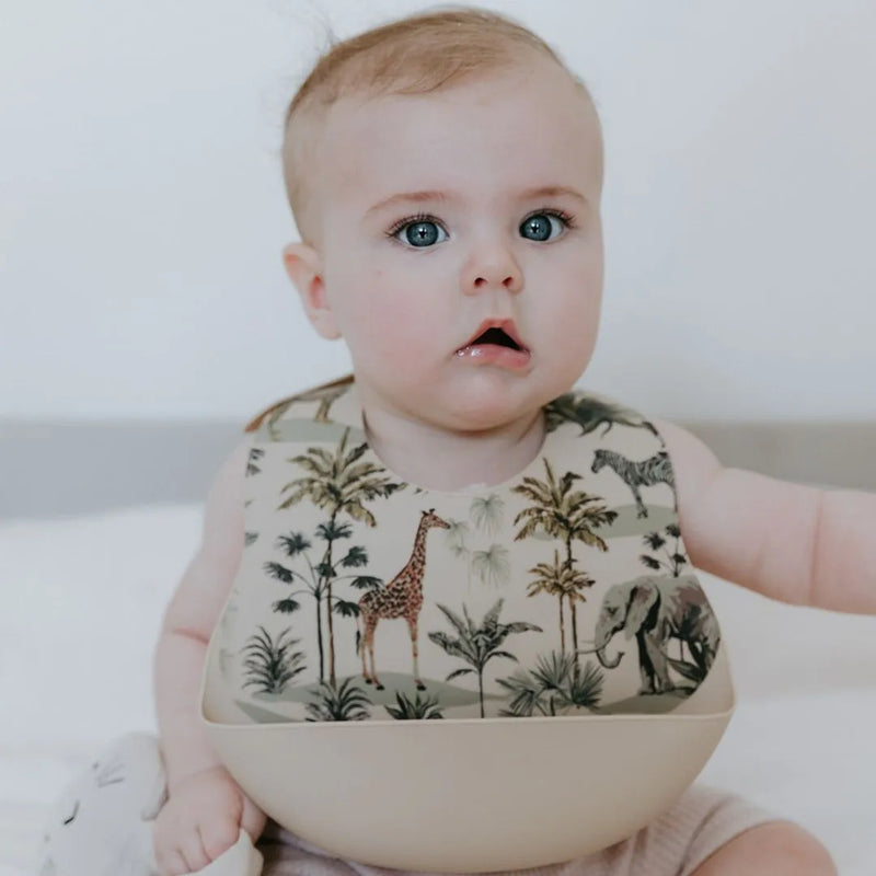 Beige Jungle Print Silicone Bib