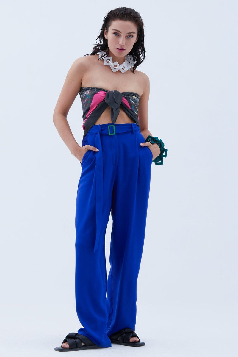 Pleated High-Waisted Wide Leg Trouser in Blue