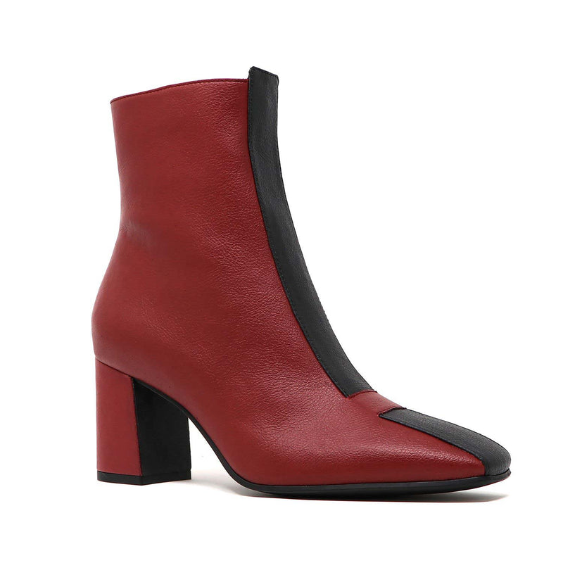 Sylven Jayne Scarlet/Black vegan apple leather boots - side shot one shoe